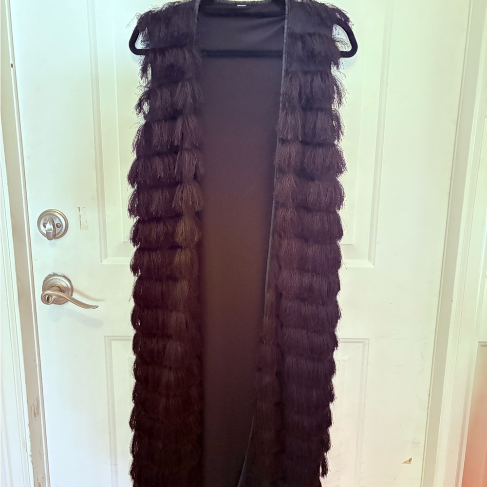 Elegant Black Faux Fur long hippie groovy Vest H & M fits M/L